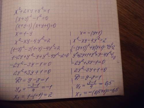 X²+2xy+y²=1 x²-xy-4y²=2 сорри , не знаю как поставить знак системы