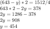 (643-y)*2=1512/4\\643*2-2y=378\\2y=1286-378\\2y=908\\y=454