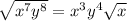 \sqrt{x^{7}y^{8}} = x^{3}y^{4}\sqrt{x}