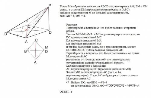 Точка M выбрана вне плоскости ABCD так, что отрезки AM, BM и CM равны, а отрезок DM перпендикулярен