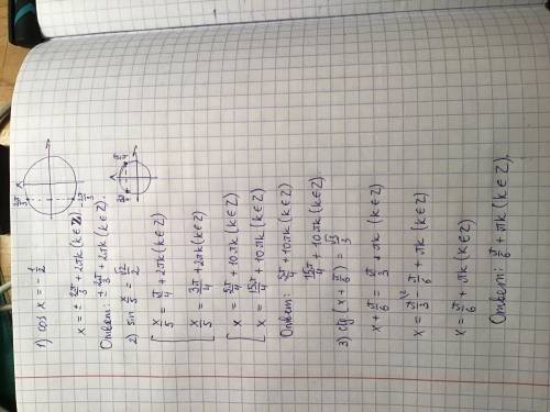 Решите тригонометрические уравнения: 1) cos x=-1/2 2) sin x/5= √2/2 3) ctg(x + π/6) = √3/3 4) cos