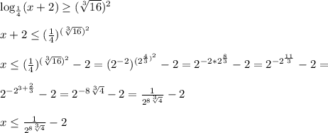 \log_\frac{1}{4}(x+2)\geq ( \sqrt[3]{16})^2 \\ \\ x+2\leq (\frac{1}{4})^{ ( \sqrt[3]{16})^2} \\ \\ x\leq (\frac{1}{4})^{ ( \sqrt[3]{16})^2} -2=(2^{-2})^{ ( 2^{\frac{4}{3} )^2}}-2=2^{-2* 2^{\frac{8}{3}}}-2=2^{-2^{\frac{11}{3}} }-2=\\ \\ 2^{-2^{3+\frac{2}{3}} }-2=2^{-8\sqrt[3]{4}} -2=\frac{1}{2^{8\sqrt[3]{4}}} -2 \\ \\ x\leq \frac{1}{2^{8\sqrt[3]{4}}} -2