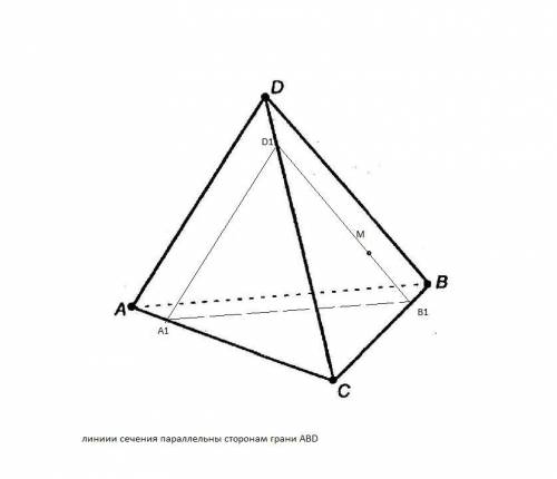 В тетраэдре DABC точка M - точка грани DBC. Построить сечение тетраэдра плоскостью, проходящей через