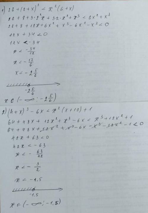 Решите неравенство 2) 26 + (2 + x)3 < x2 (6 + x);4) (4 + x)3 - 6x < x²(x + 12) + 1.​