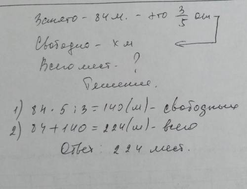 В кинотеатре занято 84 мест .Это количество составляет 3/5от количество свободных мест .Сколько мест