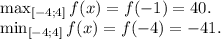 \max_{[-4; 4]}f(x)=f(-1)=40.\\\min_{[-4; 4]}f(x)=f(-4)=-41.