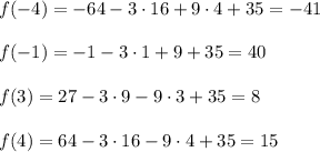 f(-4)=-64-3\cdot16+9\cdot4+35=-41\\\\f(-1)=-1-3\cdot1+9+35=40\\\\f(3)=27-3\cdot9-9\cdot3+35=8\\\\f(4)=64-3\cdot16-9\cdot4+35=15