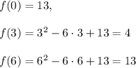 f(0) = 13,\\\\f(3) = 3^2-6\cdot3+13=4\\\\f(6)=6^2-6\cdot6+13=13