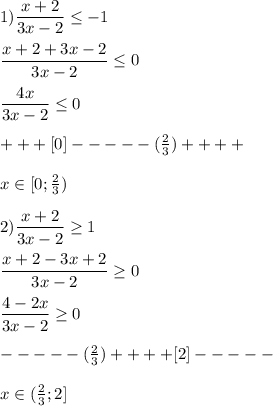 1) \dfrac{x+2}{3x-2} \leq -1\\\\\dfrac{x+2+3x-2}{3x-2} \leq 0\\\\\dfrac{4x}{3x-2} \leq 0\\\\+++[0]-----(\frac{2}{3} )++++\\\\x \in [0;\frac{2}{3})\\\\2)\dfrac{x+2}{3x-2} \geq 1\\\\\dfrac{x+2-3x+2}{3x-2} \geq 0\\\\\dfrac{4-2x}{3x-2} \geq 0\\\\-----(\frac{2}{3})++++[2]-----\\\\x \in (\frac{2}{3};2]