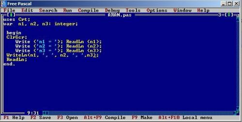 Написать программу на языке Паскаль, которая запрашивает у пользователя три числа и выводит их на эк