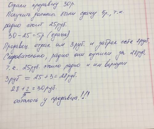 Трое друзей купили в магазине радио за 30 рублей. потом хозяин магазина пришёл и сообщил что радио с