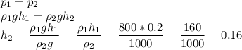 p_1 = p_2\\\rho_1gh_1 = \rho_2gh_2\\h_2 = \dfrac{\rho_1gh_1}{\rho_2g} = \dfrac{\rho_1h_1}{\rho_2}= \dfrac{800 * 0.2}{1000} = \dfrac{160}{1000} = 0.16