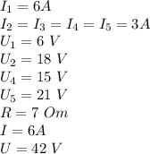 I_1 = 6A\\I_2 = I_3=I_4=I_5 = 3A\\U_1 = 6~V\\U_2 = 18~V\\U_4 = 15~V\\U_5 = 21~V\\R = 7~Om\\I = 6A\\U=42~V