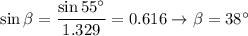 \sin\beta = \dfrac{\sin55^\circ}{1.329} = 0.616 \to \beta = 38^\circ