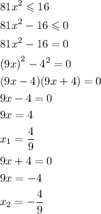 \[\begin{gathered}81{x^2}\leqslant16\hfill\\81{x^2}-16\leqslant0\hfill\\81{x^2}-16=0\hfill\\{\left({9x}\right)^2}-{4^2}=0\hfill\\(9x-4)(9x+4)=0\hfill\\9x-4=0\hfill\\9x=4\hfill\\{x_1}=\frac{4}{9}\hfill\\9x+4=0\hfill\\9x=-4\hfill\\{x_2}=-\frac{4}{9}\hfill\\\end{gathered}\]