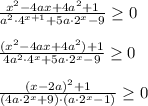 \frac{x^2-4ax+4a^2+1}{a^2\cdot 4^{x+1}+5a\cdot 2^{x}-9}\geq 0\\ \\ \frac{(x^2-4ax+4a^2)+1}{4a^2\cdot 4^{x}+5a\cdot 2^{x}-9}\geq 0\\ \\ \frac{(x-2a)^2+1}{(4a\cdot 2^{x}+9)\cdot (a\cdot 2^{x}-1)}\geq 0