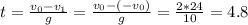 t = \frac{v_0-v_1}{g}=\frac{v_0-(-v_0)}{g}=\frac{2 * 24}{10} = 4.8