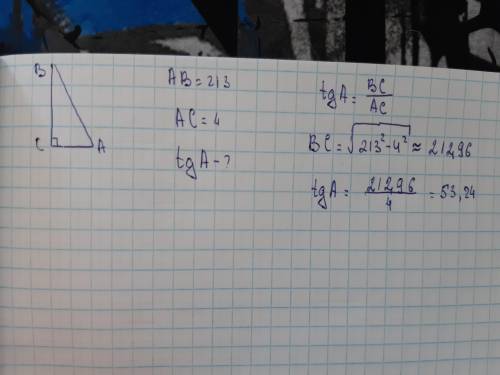 В треугольника ABC угол C равен 90°. AB=213,AC-4. Найти tg A