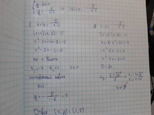 Решите систему квадратных уравнений y=|x|+4, y=-5/x-2 Желательно фото