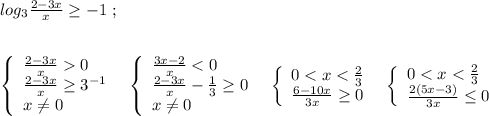 log_3\frac{2-3x}{x}\geq -1\; ;\\\\\\\left\{\begin{array}{l}\frac{2-3x}{x}0\\\frac{2-3x}{x}\geq 3^{-1}\\x\ne 0\end{array}\right\; \; \left\{\begin{array}{l}\frac{3x-2}{x}