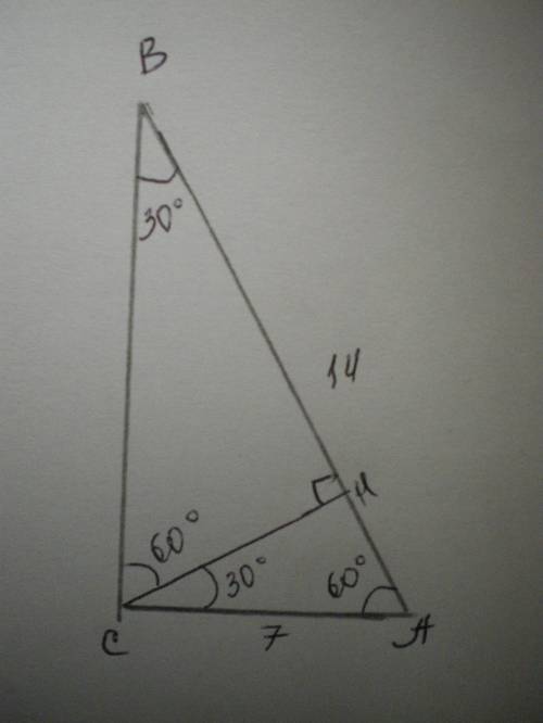 В прямоугольном треугольнике ABC C=90, AC=7см, AB=14см. Найдите углы, которые образует высота CH с к
