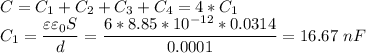 C = C_1 + C_2 + C_3 + C_4 = 4*C_1\\C_1 = \dfrac{\varepsilon\varepsilon_0S}{d} = \dfrac{6*8.85*10^{-12}*0.0314}{0.0001} = 16.67~nF