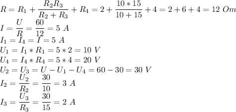 R = R_1 + \dfrac{R_2R_3}{R_2 + R_3} + R_4 = 2 + \dfrac{10*15}{10+15} + 4 = 2 + 6 + 4 = 12 ~Om\\I = \dfrac{U}{R} = \dfrac{60}{12} = 5~A\\I_1 = I_4 = I = 5~A\\U_1 = I_1 * R_1 = 5 * 2 = 10~V\\U_4 = I_4*R_4 = 5 * 4 = 20~V\\U_2 = U_3 = U -U_1 - U_4 = 60-30=30~V\\I_2 = \dfrac{U_2}{R_2} = \dfrac{30}{10} = 3~A\\I_3 = \dfrac{U_3}{R_3} = \dfrac{30}{15} = 2~A