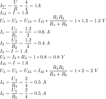 I_{\sum} = \dfrac{U}{R} = \dfrac{4}{4} = 1A\\I_{12} = I = 1A\\U_1 = U_2 = U_{12} = I_{12}*\dfrac{R_1R_2}{R_1+R_2} = 1*1.2 = 1.2~V\\I_1 = \dfrac{U_1}{R_1} = \dfrac{1.2}{2} = 0.6~A\\I_2 = \dfrac{U_2}{R_2} = \dfrac{1.2}{3} = 0.4~A\\I_3 = I = 1~A\\U_3 = I_3*R_3 = 1*0.8 = 0.8~V\\I_{45} = I = 1A\\U_4 = U_5 = U_{45} = I_{45}*\dfrac{R_4R_5}{R_4+R_5} = 1*2 = 2~V\\I_4 = \dfrac{U_4}{R_4} = \dfrac{2}{4} = 0.5~A\\I_5 = \dfrac{U_5}{R_5} = \dfrac{2}{4} = 0.5~A\\