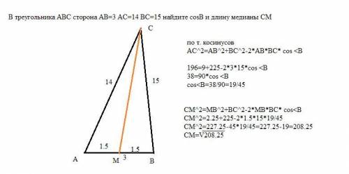 В треугольника ABC сторона AB=3 AC=14 BC=15 найдите cosB и длину медианы CM