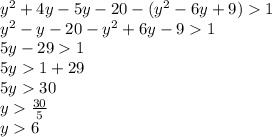 y^{2} + 4y-5y-20-(y^{2} -6y+9) 1\\y^{2} - y -20-y^{2} +6y-91\\5y-291\\5y1+29\\5y30\\y\frac{30}{5} \\y6