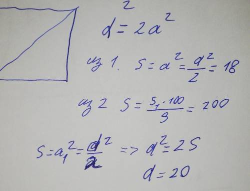 Площадь одногоквадрата равна 9% площади другого. найдите диагонали большего квадрата если диагональ
