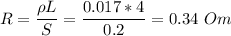 R = \dfrac{\rho L}{S} = \dfrac{0.017*4}{0.2} = 0.34~Om