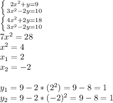 \left \{ {{2x^2+y=9} \atop {3x^2-2y=10}} \right. \\\left \{ {{4x^2+2y=18} \atop {3x^2-2y=10}} \right. \\7x^2=28\\x^2=4\\x_1=2\\x_2=-2\\\\y_1=9-2*(2^2)=9-8=1\\y_2=9-2*(-2)^2=9-8=1