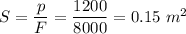 S = \dfrac{p}{F} = \dfrac{1200}{8000} = 0.15~m^2