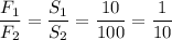 \dfrac{F_1}{F_2} = \dfrac{S_1}{S_2} = \dfrac{10}{100} = \dfrac{1}{10}