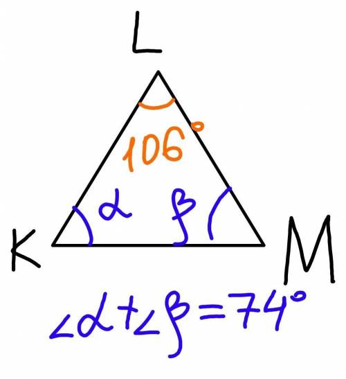 Известно: ∢KLM=106°. Данный угол является углом треугольника KLM. Вид треугольника KLM: остроугольны