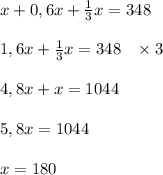 x+0,6x+\frac13x=348\\\\1,6x+\frac13x=348\;\;\;\times3\\\\4,8x+x=1044\\\\5,8x=1044\\\\x=180