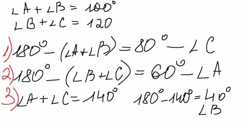 Знайдіть кути трикутника ABC, якщо кут A+кут В =100, кут В + кут С =120
