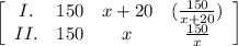 \left[\begin{array}{cccc}I.&150&x+20&(\frac{150}{x+20}) \\II.&150&x&\frac{150}{x} \end{array}\right]