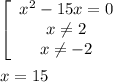 \left[\begin{array}{ccc}x^2 - 15x = 0 \\x \neq2 \\x \neq-2 \end{array}\right\\\\x = 15