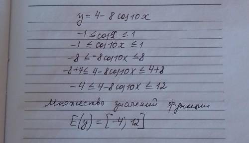 Знайди множину значень функції y=4−8⋅cos10x