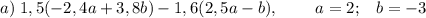 a) \; 1,5(-2,4 a + 3,8 b) - 1,6(2,5 a - b), \; \; \; \; \; \; \; \; a = 2; \; \; \; b = -3