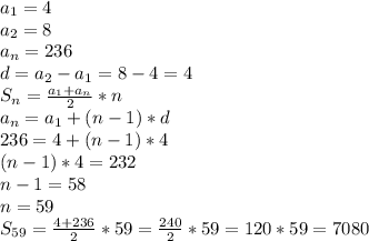 a_1=4\\a_2=8\\a_n=236\\d=a_2-a_1=8-4=4\\S_n= \frac{a_1+a_n}{2} *n\\a_n=a_1+(n-1)*d\\236=4+(n-1)*4\\(n-1)*4=232\\n-1=58\\n=59\\S_{59} = \frac{4+236}{2}*59= \frac{240}{2}*59=120*59=7080