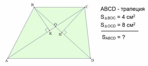 Дана трапеция ABCD(AD||BC), диагонали трапеции пересекаются в точке О. Sboc= 4 см², Scod= 8 см². Най