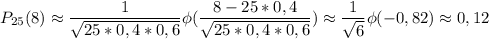 P_{25}(8)\approx \dfrac{1}{\sqrt{25*0,4*0,6}}\phi(\dfrac{8-25*0,4}{\sqrt{25*0,4*0,6}})\approx\dfrac{1}{\sqrt{6}}\phi(-0,82)\approx 0,12