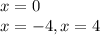 x = 0 \\ x = - 4,x = 4