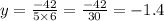 y = \frac{ - 42}{5 \times 6} = \frac{ - 42}{30} = - 1.4