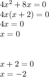 4x {}^{2} + 8x = 0 \\ 4x(x + 2) = 0 \\ 4x = 0 \\ x = 0 \\ \\ \\ x + 2 = 0 \\ x = - 2