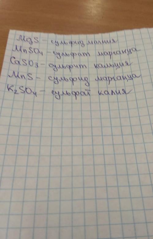 Установіть відповідність між назвою солі та її формулою.MgS MnSO4 CaSO3 MnS K2SO4 калій сульфат кал