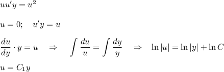 uu'y=u^2\\ \\ u=0;~~~ u'y=u\\ \\ \dfrac{du}{dy}\cdot y=u~~~\Rightarrow~~~ \displaystyle \int \dfrac{du}{u}=\int \dfrac{dy}{y}~~~\Rightarrow~~ \ln|u|=\ln|y|+\ln C\\ \\ u=C_1y